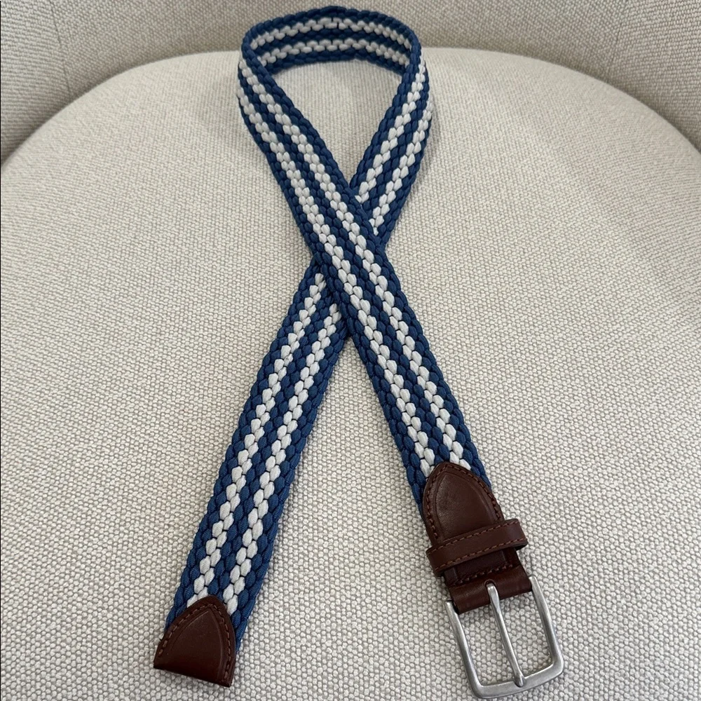 Southern Tide Braided Blue & White Woven Men's Belt with Brown Leather Trim - Picture 2 of 2